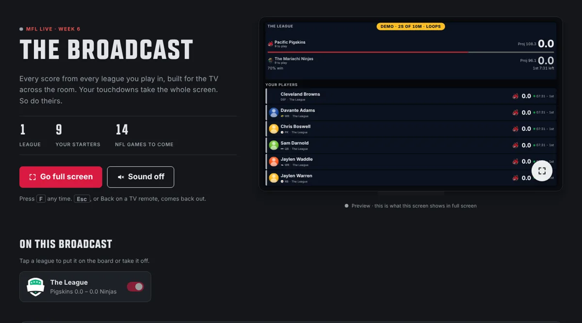 The MFL Live Broadcast page, with the live scoreboard playing inside a TV frame beside the Go full screen button.